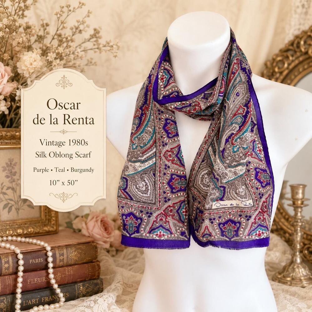 Vintage 1980s Oscar de la Renta Silk Scarf Purple Teal Burgundy Paisley 10x50